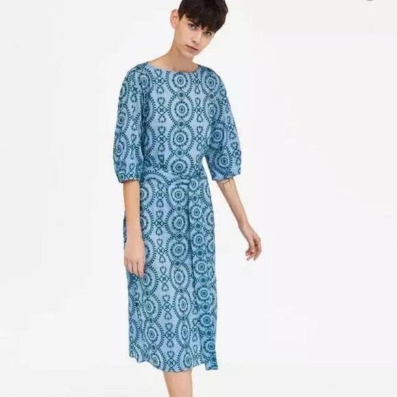 Elegant *ZARA* Blue Cotton with Green Embroidery Belted Tunic Midi Dress Small S - Picture 1 of 9